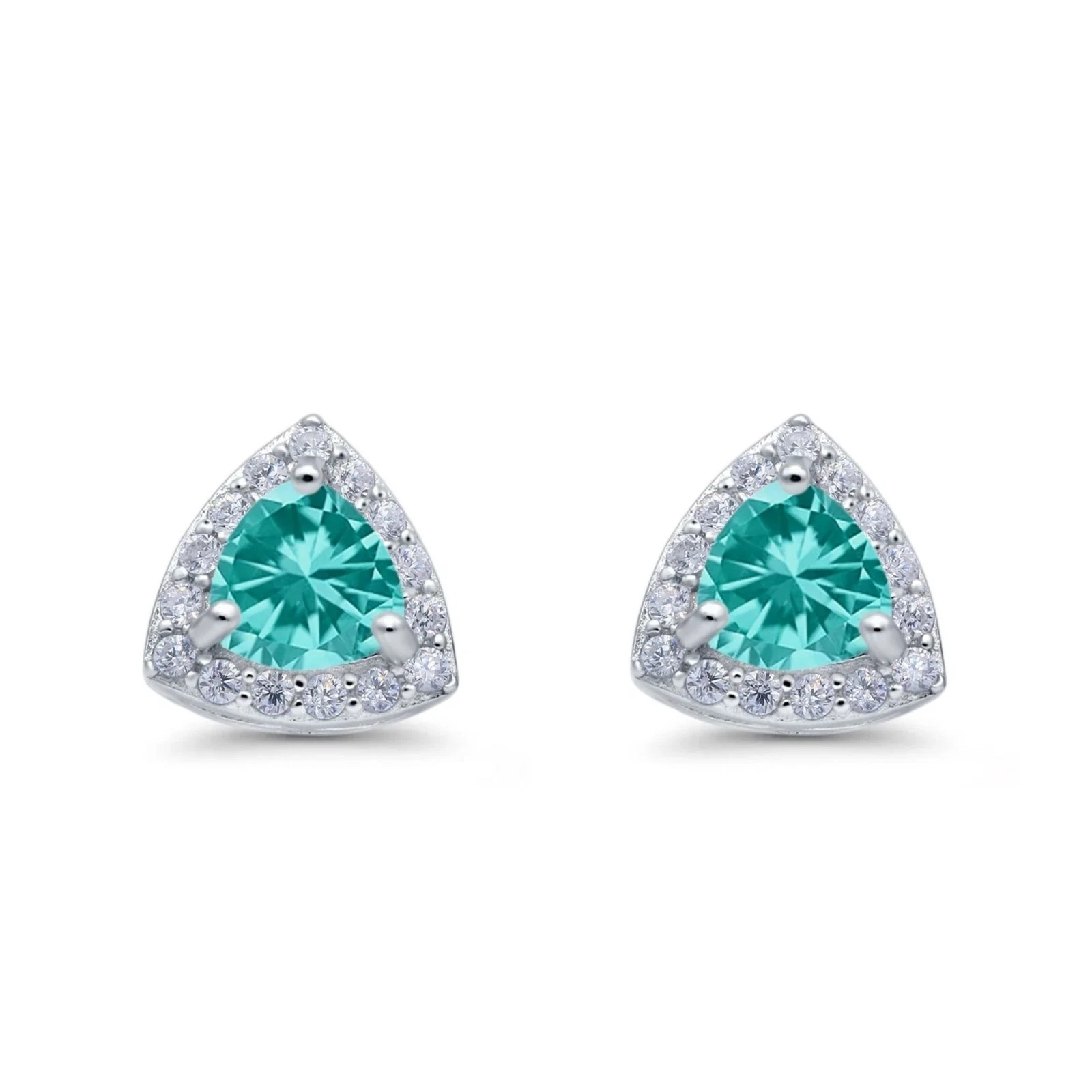 Paraiba Simulated Tourmaline Trillion Halo Stud Earrings - Solid Sterling Silver