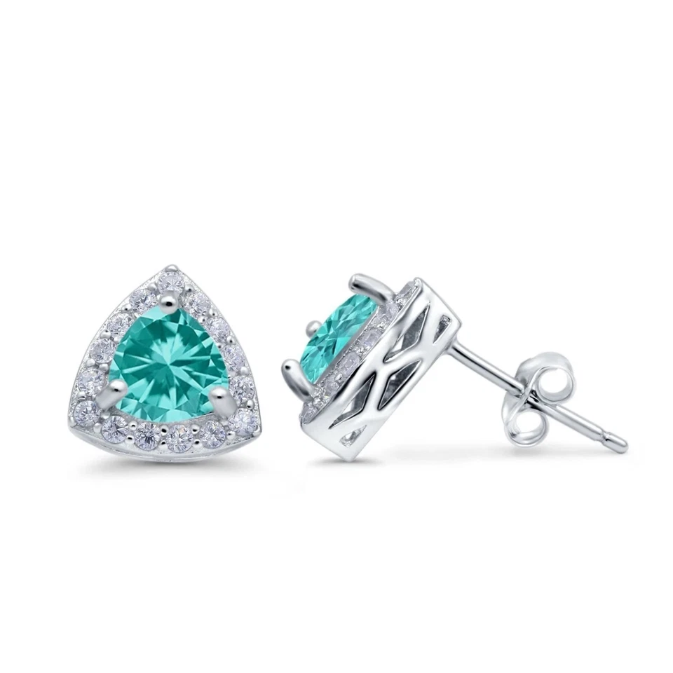 Paraiba Simulated Tourmaline Trillion Halo Stud Earrings - Solid Sterling Silver - Image 2